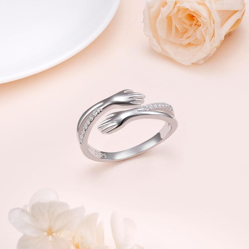 Yearace Hug Ring, S925 Sterling Silver Hug Rings for Women Girl, Hugging Hand Open Promise Ring, Mothers Day Valentine's Day Birthday Gifts - Image 3